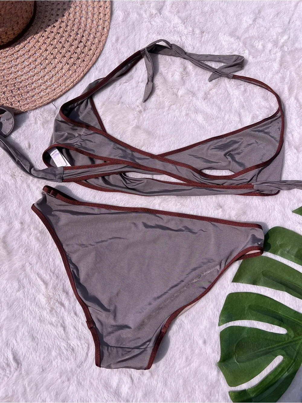 Victoria’s Secret Wrap Bikini Set Gray  Contrast Trim Y2K Halter Size Small